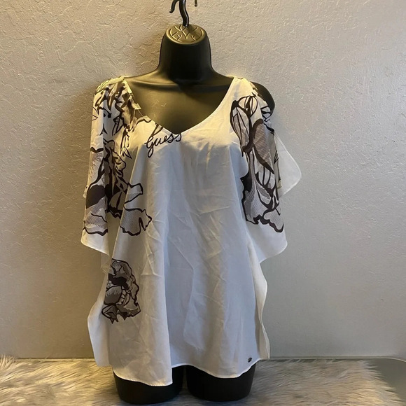 Guess Women’s Small Floral Print Off-Shoulder Blouse White Criss-Cross Back Top - Picture 9 of 15